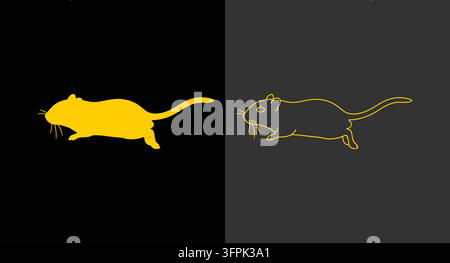 Running mouse silhouette icon in solid yellow and gold line art with animal icon Stock Vector