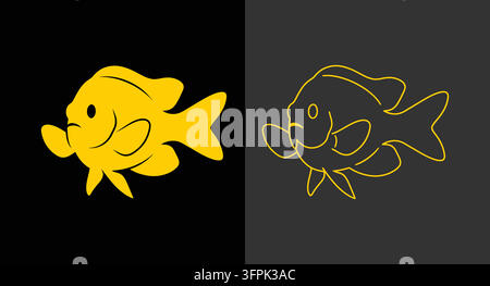 Stylized goldfish icon in solid and contour line art style with goldfish Stock Vector