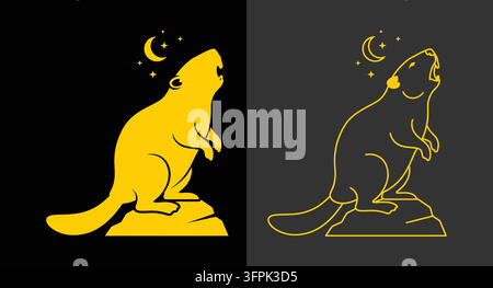 Beaver howling at the moon icon illustration with crescent moon Stock Vector