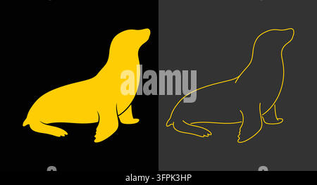 Seal silhouette and line art style icons on split black and grey background Stock Vector