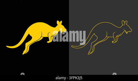Golden jumping kangaroo illustration in solid and outline styles with kangaroo Stock Vector