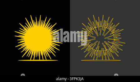 Sun burst icon set in solid silhouette and linear outline styles with sun rays Stock Vector