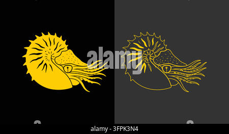 Nautilus shell silhouette and line art icons on dark background with sea shell Stock Vector