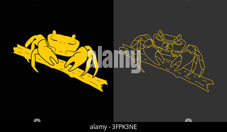 Yellow crab on branch silhouette and line art illustration with sea creature Stock Vector