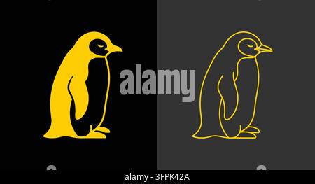 Stylized standing emperor penguin graphic silhouette and gold line art icon Stock Vector