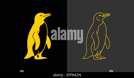 Minimalist yellow penguin illustration in solid and outline style with wildlife Stock Vector