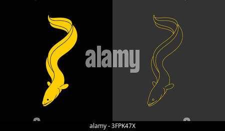 Stylized yellow eel swimming illustration set showing silhouette and contour Stock Vector