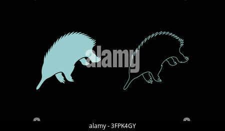 Echidna illustration presented in solid color and outline styles with wildlife Stock Vector