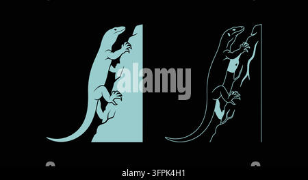 Gecko lizard climbing silhouette icons in solid and outline styles with icon set Stock Vector