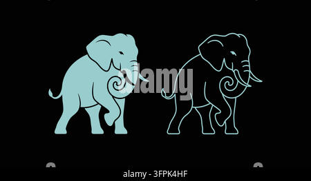 Stylized elephant illustration in solid color and outline styles with elephant Stock Vector