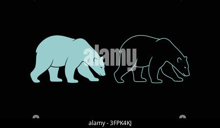 Walking polar bear silhouette and outline icon set isolated on black background Stock Vector