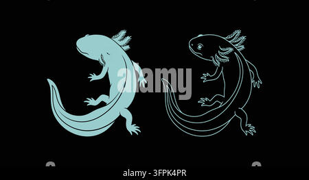 Set of standing axolotl illustrations including solid silhouette and line Stock Vector