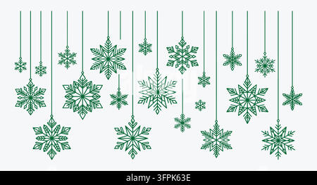 Set of decorative hanging green snowflakes on a plain background with snowflake Stock Vector