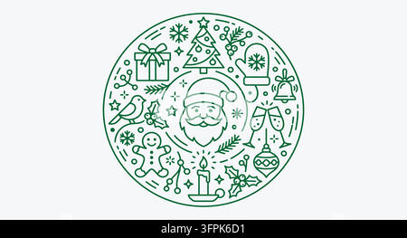 Circular composition of green christmas line art icons featuring santa face Stock Vector