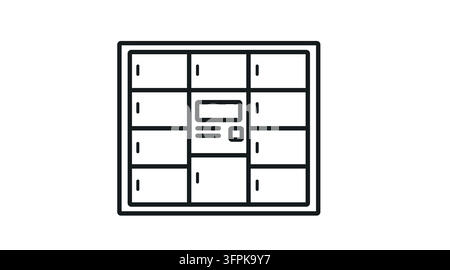 Smart parcel locker terminal with digital screen display vector icon. Black line art style on white background. Stock Vector