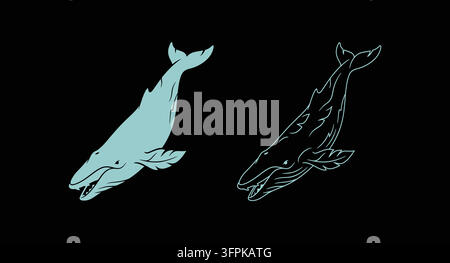 Humpback whale silhouette and line art icon set with marine life Stock Vector