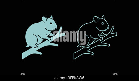 Cute hamster on a branch icon set in solid fill and line art styles Stock Vector