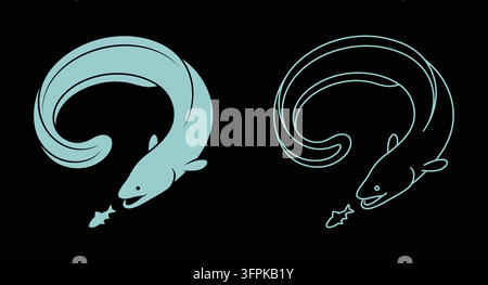 Eel eating a small fish silhouette and line art set with food chain Stock Vector