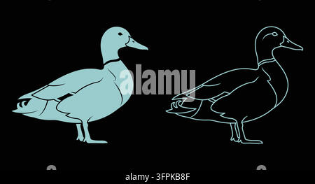 Duck bird silhouette and outline illustration on black background with line art Stock Vector