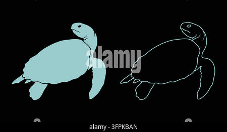 Minimalist sea turtle icon set in solid blue and white outline with ocean life Stock Vector