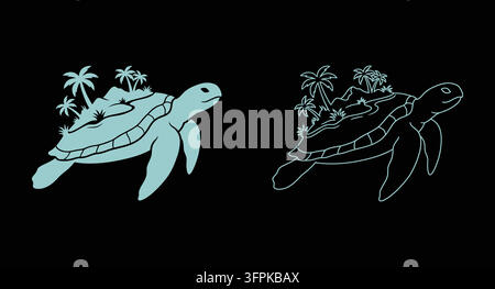 Sea turtle with palm trees on shell icon in flat and outline style Stock Vector