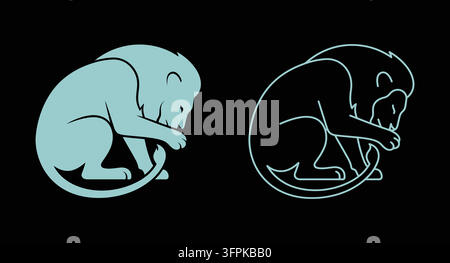 Stylized lion icon in flat blue and linear outline versions on black Stock Vector