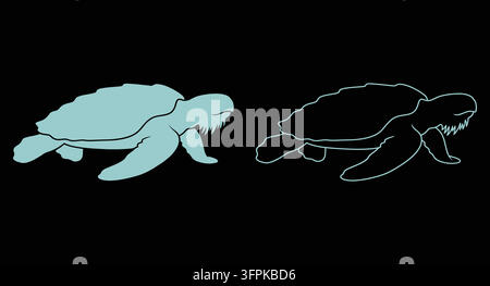 Sea turtle icon in flat silhouette and linear outline styles with sea life Stock Vector
