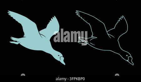 Flying goose icon set in solid blue silhouette and line art with bird silhouette Stock Vector