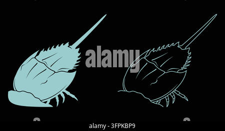 Horseshoe crab silhouette and outline icons with marine life Stock Vector