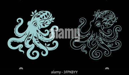 Stylized octopus with floral patterns in blue silhouette and white line art Stock Vector