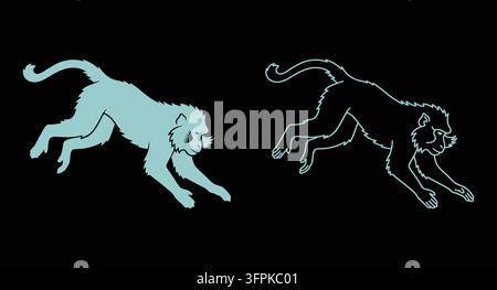 Monkey jumping or leaping icon in silhouette and line art style with simple art Stock Vector