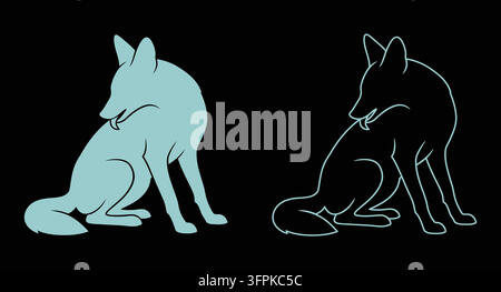 Sitting fox illustration in blue silhouette and white line art with red fox Stock Vector