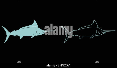 Marlin fish silhouette and line art drawing set with sport fishing Stock Vector