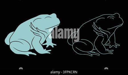 Stylized frog icon in solid blue and thin white outline styles with line art Stock Vector