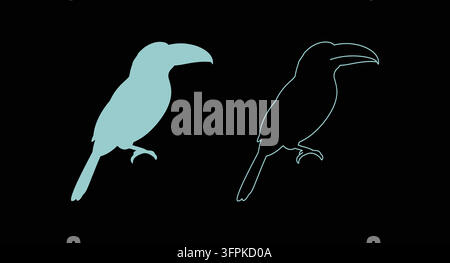 Stylized toucan bird icon in solid light blue and line art on black Stock Vector