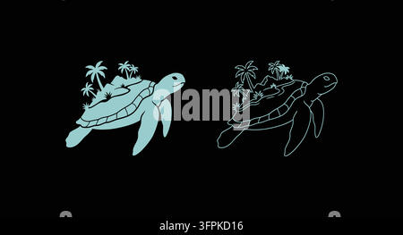 Sea turtle with palm trees silhouette and outline icon silhouette tropical Stock Vector