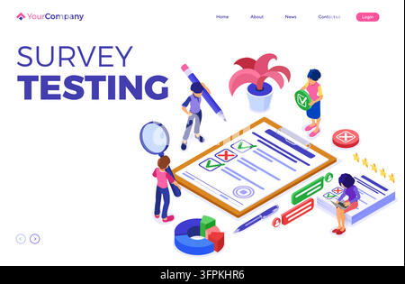 Survey or test banner with isometric characters. feedback online chat. questionnaire form on clipboard. survey research. landing page template. isomet Stock Vector