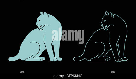 Saber toothed tiger silhouette and line art icon set with design elements Stock Vector