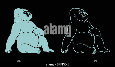 Gorilla silhouette illustration in solid and outline styles with line art Stock Vector