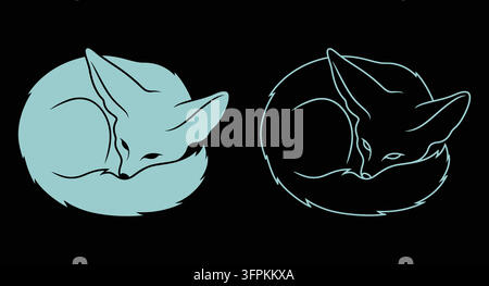 Fennec fox curled up sleeping silhouette and line art graphic with black Stock Vector