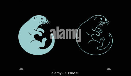 Curled otter silhouette and outline icon illustration set on a black background Stock Vector