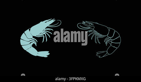 Shrimp crustacean silhouette and linear outline art set with animal silhouette Stock Vector