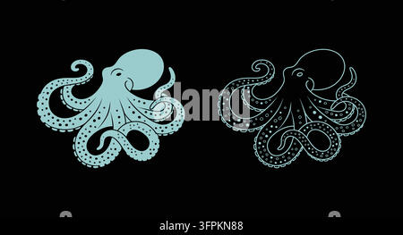 Detailed octopus silhouette and intricate line art graphic with sea creature Stock Vector
