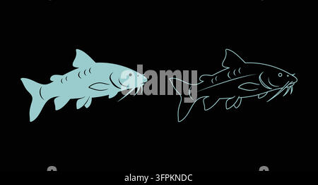Minimalist fish icon illustration in solid and outline style with swimming Stock Vector