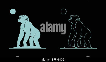 Minimalist graphic of a chimpanzee looking up at a floating orb with looking Stock Vector