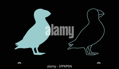 Standing puffin silhouettes in flat color and simple line art with bird silhouet Stock Vector