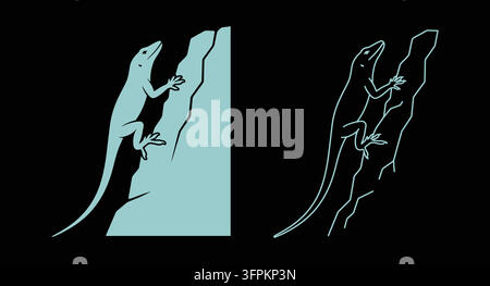Lizard climbing a rock silhouette and outline set with design element Stock Vector