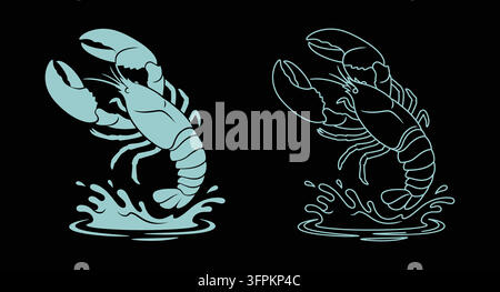 Graphic lobster illustration in silhouette and line art style with black Stock Vector