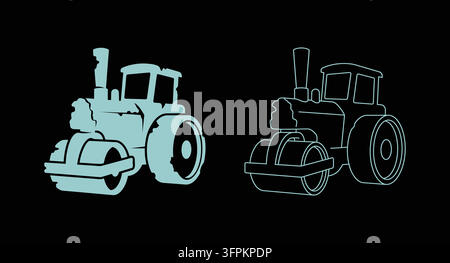 Road roller construction vehicle silhouette and outline icons with heavy equipme Stock Vector