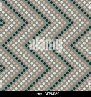 Seamless chevron pattern of dotted diagonal stripes in dark teal, dusty pink, and cream on sage green background. Minimalist geometric vector print Stock Vector